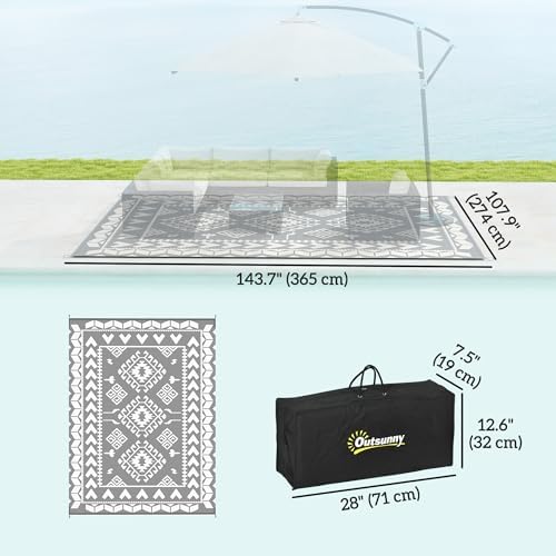 Outsunny Outdoor Rug for Patio Waterproof 9' x 12' Black & White Rhombus - Image 2
