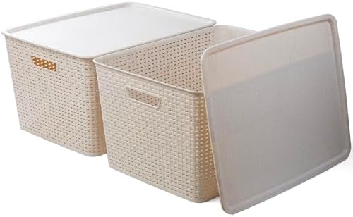 BINO | Plastic Storage Baskets with Lids, 45 Liter - 3 Pack, Natural | THE WOVEN COLLECTION | Storage Basket for Shelves | Woven Storage Baskets for Organizing Bins | Pantry Shelf Organizer Bin - Image 4