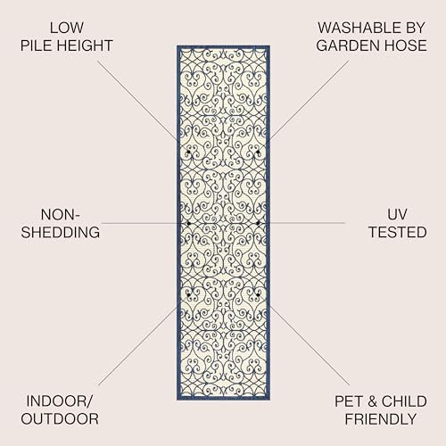 Eyely Filigree Weave Runner Rug 2X10 Navy/Beige, Indoor Outdoor Rug - Image 4