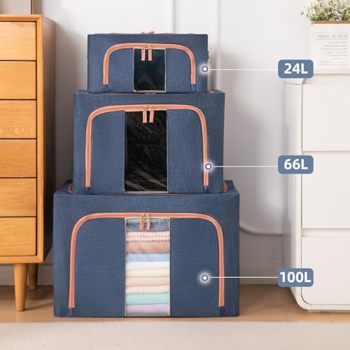GuliPostan 3 Pack 100L Stackable Clothes Storage Bins with Metal Frame Handles & Zipper, Collapsible Closet Organizer Box with Lid for Bedding Blankets Towel (Navy) - Image 5