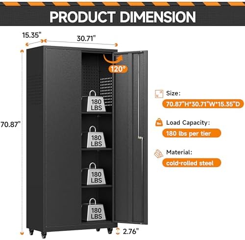 71''H Garage Storage Cabinet with Wheels, Meatl Storage Cabinet with Lock - Image 3