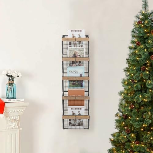 RiteSune Wall Mounted File Magazine Mail Rack Holder, Metal Basket Shelf Wall Organizer for Newspapers, Magazines, Fit for Office, Home, 5 Tier, Black - Image 3