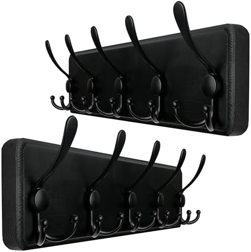 WEBI Rustic Coat Rack Wall Mount,Wood Coat Hooks Wall Mounted Coat Hanger,16" Hole to Hole,Hook Rack Rail,5 Triple Hooks for Hanging Coats,Hats,Jacket,Clothes,Entryway,Black,2 Packs by WEBI