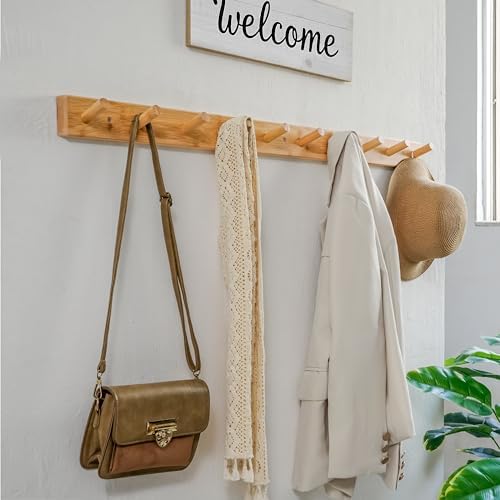 WEBI Coat Rack Wall Mounted, 10 Hooks, 38" Long Coat Hanger Wall Mount, Peg Rail Hat Hooks for Hanging Caps, Jackets, Clothes, Natural, 2 Packs - Image 2