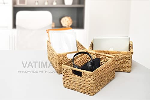 Large Wicker Basket Rectangular with Wooden Handles for Shelves, Water Hyacinth Basket Storage, Natural Baskets for Organizing, Wicker Baskets for Storage 14.5 x 10.3 x 7.5 inches - 3 Pack - Image 4