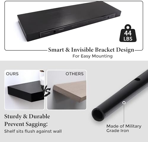 Axeman Floating Shelves, 2 Pack 8 Inch Deep Modern Solid Wood Wall Shelves for Storage, Wall Mounted Display Shelving with Invisible Heavy-Duty Metal Bracket, 24" W x 8" D x 1.6" H, Distressed Black - Image 4