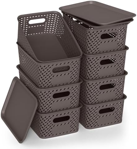 Plastic Storage Bins with Lid, Stackable Small Box Basket for Organizing and Containers for Shelves Drawers Desktop Closet Playroom Pantry Classroom Office Home, 8-pack 10.2x7.2x4.1 Inch, Brown by ZFTMRR