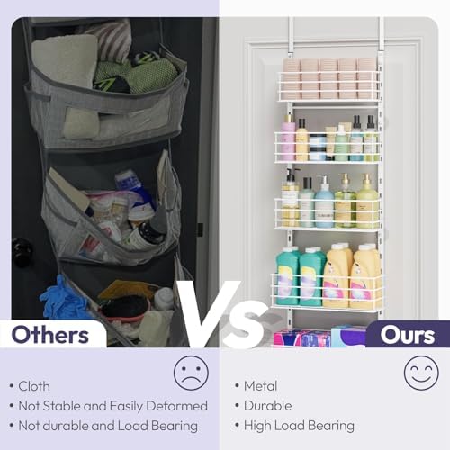 SWTYMIKI Over The Door Organizer - Door Organizer Hanging with 5 Adjustable Metal Large Capacity Basket and 6 Coat Hook, Wall Mounted Shelf for Bedroom Closet Bathroom Laundry Pantry Cabinet Kitchen - Image 4