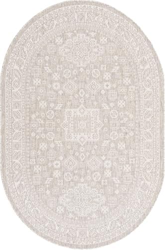 Rugs.com - Outdoor Aztec Rug – 5' 3 x 8' Oval Light Gray Indoor/Outdoor Rug – Weather Resistant for Patios, Decks, and Porches - Image 3