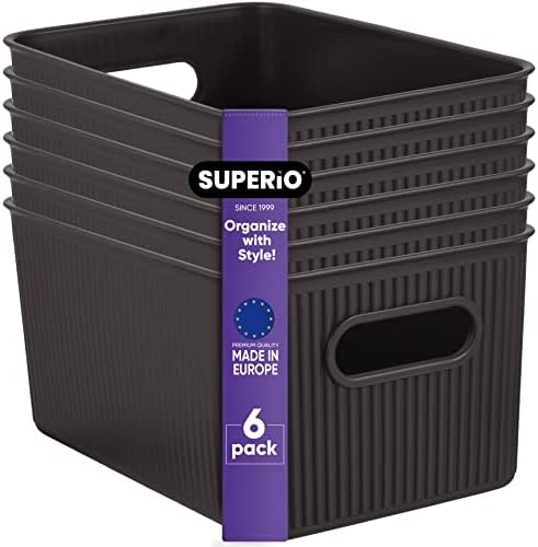 Superio Ribbed Collection - Decorative Plastic Basket Open Home Storage Bins Organizer, Medium Brown (6 Pack) Container Boxes for Organizing Closet Storage Bins for Shelves Drawer Shelf 5 Liter by Superio