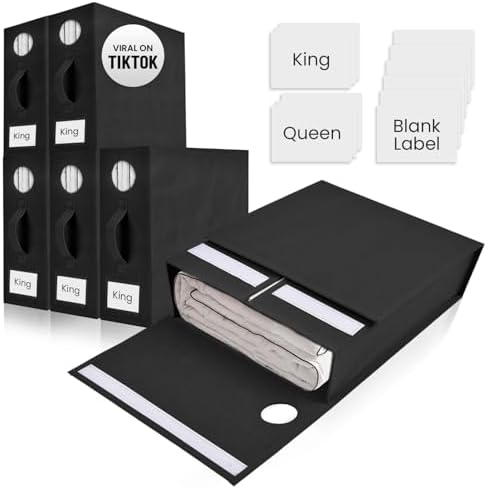 TOSORO 6 Pack Bed Sheet Organizer and Storage, Foldable Storage Organizer for Linen Closet with Viewing Window & Label for Bedding Sheets & Blankets (Queen & King Size) Black by Tosoro