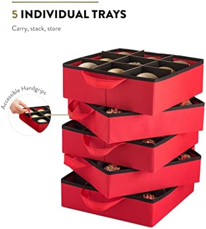 ZOBER All in One Christmas Ornament Storage Box & Decoration Container - Easy Access Removable Trays, Keeps 73 Ornaments - Adjustable Extent Area for Figurines and Pockets for Decoration - Red - Image 4