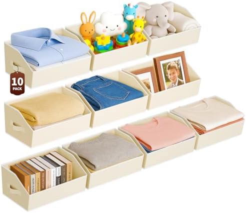 Homsorout Large Closet Organizers and Storage Bins - 10 Pack Trapezoid Storage Baskets for Shelves, Foldable Fabric Basket with Handles Ideal for Closet, Basket, Wardrobe and Shelf Storage, Beige by Homsorout