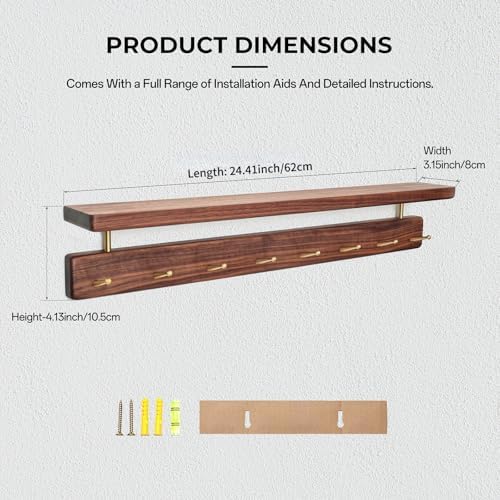 Walnut Wood Coat Rack with Shelf, Wall Mounted Rack with 8 Hooks - Image 5