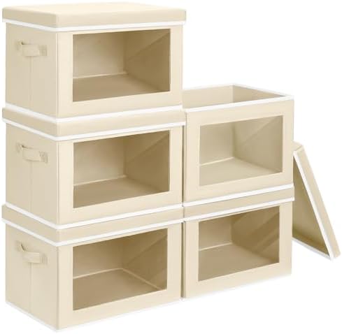 Homsorout Storage Cubes with Lids - 5 Pack Foldable Clear Window Storage Bins, Large Decorative Storage Bins with Handles, Storage Containers for Clothes, Towel, Blanket, Sheet, Beige by Homsorout