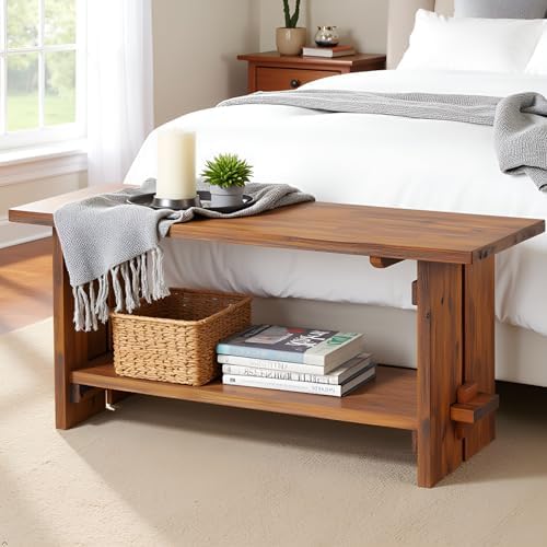 Alaterre Bethel Rustic Solid Wood Entryway Bench with Shelf, Natural - Image 6