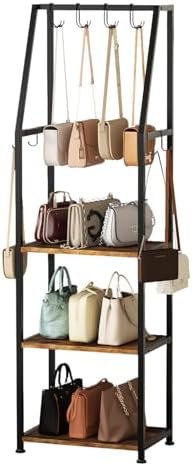 Tall Narrow Purse Organizer Stand with Purse Hanger, High-Capacity Floor-Standing Handbag Rack for Small Spaces | Space-Saving Fashion Bags & Purse Display Organizer﻿(Rustic Brown) by Unknown