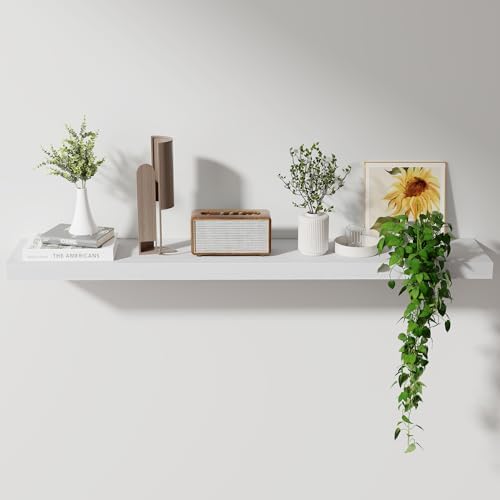 Axeman Floating Shelves, 8 Inch Deep Rustic Solid Wood Wall Shelves for Storage, Wall Mounted Display Shelving with Invisible Heavy-Duty Metal Bracket, 48" W x 8" D x 1.6" H, Distressed White - Image 6