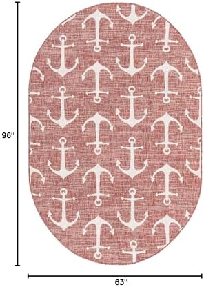 Unique Loom Outdoor Coastal Collection Area Rug - Ahoy (5' 3" x 8' Oval, Rust Red/ Ivory) - Image 2