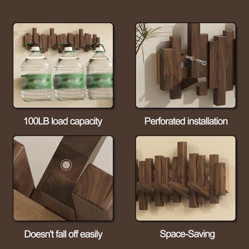Wooden Coat Hooks Wood Wall Mounted Piano Coat Rack Flip Down Hook Rack Coat Rack Wall MountMulti Functional Space Saving Wall Organizer(Walnut,22.8cm/9") - Image 6