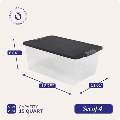 HOMZ Secure Latch, Clear Plastic Storage Organizer Bins, 15 Quart, 4 Pack - Image 4