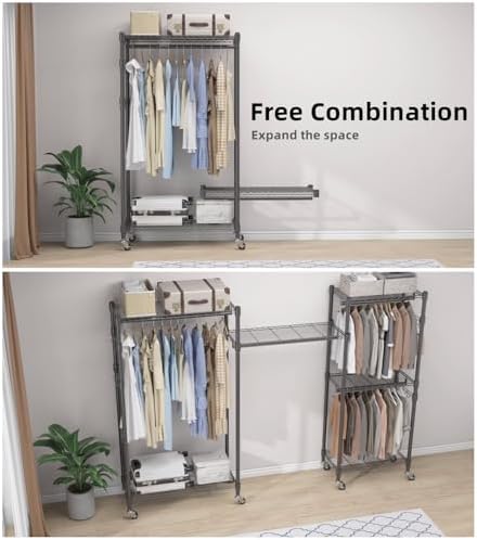 BATHWA Rolling Tall Garment Rack with 2 Rods & 3-Tier Adjustable Shelves, 35.5" W x 16.5" D x 80.7" H, Heavy Duty Clothes Hanging Racks Portable Wardrobe Closet Organizer for Bedroom, Laundry, Black - Image 5