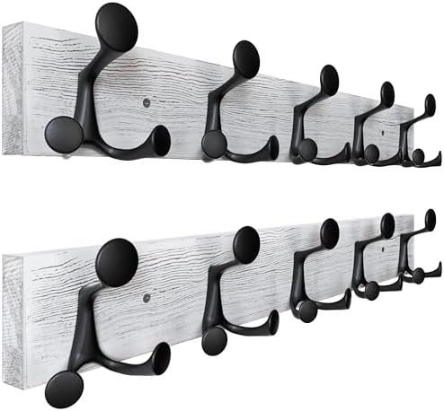 SKOLOO 24-Inch Wood Coat Rack Wall Mount with 5 Triple Hooks - Ideal for Family Entrances, Classrooms, and Pet Supplies Storage - Perfect Coat Hooks for Wall,Distressed White Wash, Pack of 2 by SKOLOO