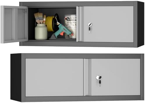 GREATMEET Metal Garage Storage Cabinets, Lockable Storage Cabinet with Doors, Wall Mount Cabinet Storage with Lock, Hanging Floating (Grey, 13" H) by GREATMEET