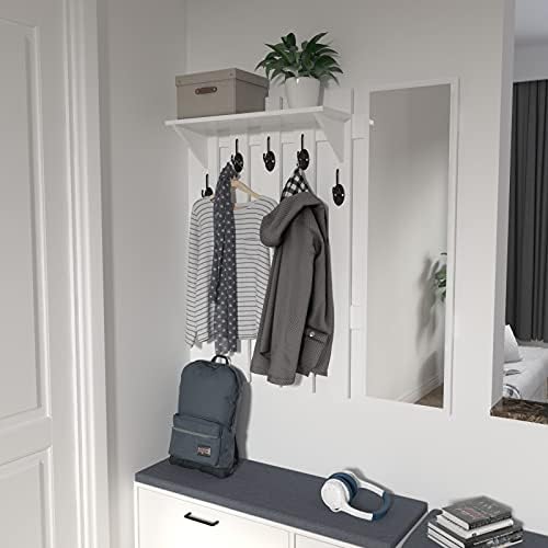 39.4" Coat Rack Wall Mount with Shelf and Mirror, Wall Shelf with 5 Hooks and Storage for Hallway Entryway Modern (White) - Image 5