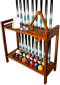 Pool Stick Holder Floor Stand Holds 9 Cues & Pool Table Accessories. Wooden 2-Tier Cue Stick Storage with Ball Rack Hangers, Billiard Cone Chalk Holder or Drink Pads by GACCOBILLIARDS