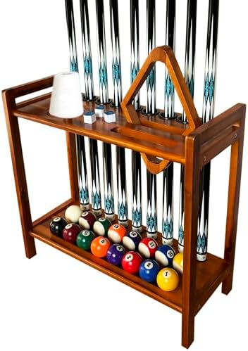 Pool Stick Holder Floor Stand Holds 9 Cues & Pool Table Accessories. Wooden 2-Tier Cue Stick Storage with Ball Rack Hangers, Billiard Cone Chalk Holder or Drink Pads by GACCOBILLIARDS