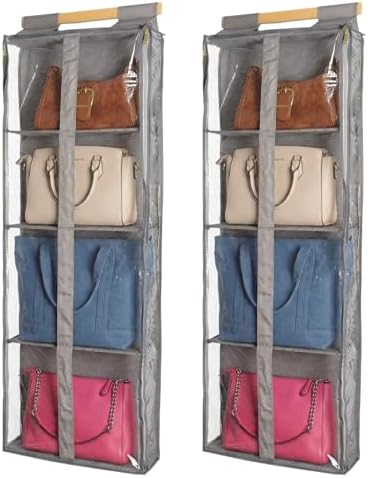 Silkfly 2 Pack Hanging Purse Organizer with Zipper for Closet Handbag Storage PVC Mesh Shelves with 4 Pockets for Bedroom Door Wardrobe Shelf Rack Space Saving(Brown) by Silkfly