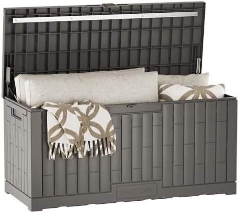 EAST OAK 120 Gallon Outdoor Storage Box | Large Resin Deck Box with Reinforced Stainless Steel Support | Waterproof & UV-Resistant Patio Storage Box for Cushions, Garden Tools & Accessories, Grey by EASTOAK