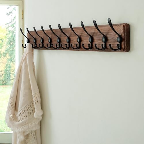 Dseap Coat Rack Wall - Heavy-Duty 38-1/4" Long, with Reinforced 10 Custom Tri-Hooks, Solid Wood Wall Hanger for Coats Hat Jackets - Rustic Farmhouse Entryway Storage, Natural & Black, Pack of 2 - Image 7