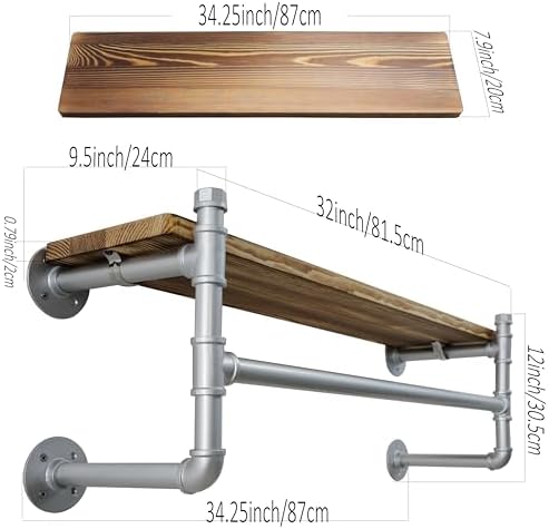 WEBI Wall Mounted Clothes Rack with Shelf,32" Industrial Pipe Clothing Rack with Shelf with Hanging Rod,Heavy Duty Iron Garment Rack Bar,Retail Display Clothes Rod for Laundry Room,Closet,Silver - Image 4