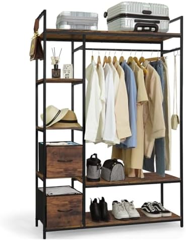 CAPHAUS 979lbs Capacity Garment Rack for Hanging Clothes, Heavy Duty Open Wardrobe w/Hanging Rods & Fabric Drawers, Free Standing Closet Organizer, Metal Closet Rack w/Rustic Oak Wooden Shelves by CAPHAUS