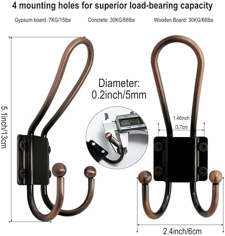 WEBI Coat Hooks Wall Mount,5 mm Thick,10 Large Rustic Triple Hooks,Heavy Duty Metal Vintage Backpack Wall Hooks for Hanging Clothes,Robe,Towel,Closet,Farmhouse,Mudroom,Antique Copper - Image 3