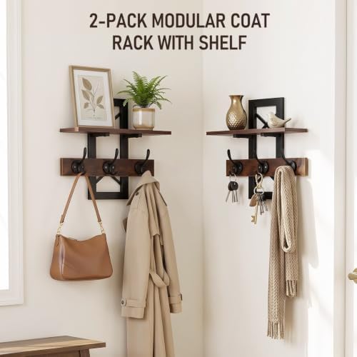 33.86" Wall Mounted Coat Rack with Shelf, Heavy Duty Entryway Wall Organizer with 6 Dual Hooks and Key Holder, Rustic Wood Coat Hanger for Coats, Bags, Hats, Hallway, Mudroom, Bathroom (Brown) - Image 2