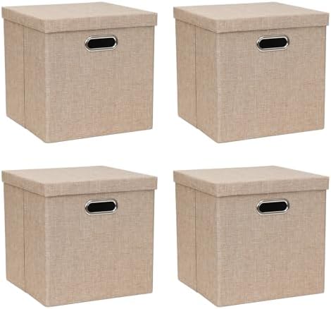 Storage Bins with Lids, Collapsible Linen Fabric Boxes Organizer Containers with Lid Foldable Storage Box Basket for Closet, Shelves, Home, Office, 11 x 11 x 11.4 Inch, 4 Pack, Khaki by ArcaGuru