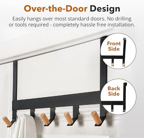 A&M Shops Over The Door Hanger - Heavy Duty Metal Door Hanger with Lotus Wood Tip for Bathroom & Bedroom - Coat Rack Organizer with 5 Stylish Towel Hooks for Door, Clothes & Bags - Black - Pack of 2 - Image 5