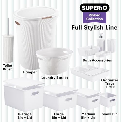 Superio Ribbed Collection - Decorative Plastic Basket Open Home Storage Bins Organizer, White (Set of 3) 1 Large, 2 Medium - Container Boxes for Organizing Closet Storage Bins for Shelves - Image 6