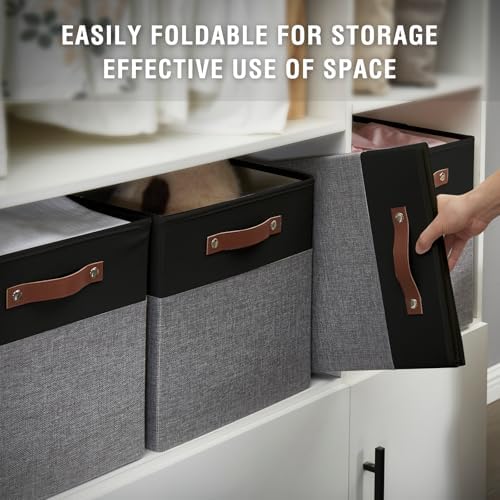 Bagnizer Collapsible Fabric Storage Cube Bins with 2 Reinforced PU Handles, Foldable Storage Organizer Baskets for Closet, Shelves, Living Room | 11"x11"x11", 4 Pack, Black & Gray - Image 6