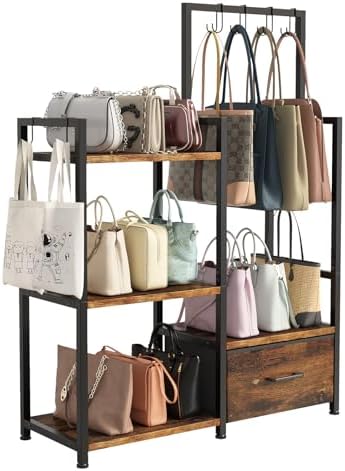 Handbag Organizer - 3 Tier Purse Storage Rack with Pull Out Drawer & 6 Hooks, High Capacity Handbag Holder Shelf, Metal Frame with Wood Shelves for Closet/Bedroom﻿(Rustic Brown) by Unknown