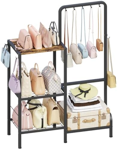 Floor-Standing 3-Tier Purse Organizer, High-Capacity Bag Holder with 8 Hooks, Multi-Functional Purse Rack for Various Bags, Handbag Display Stand Shelf for Closet, Bedroom, Entryway, Black by Whoonba