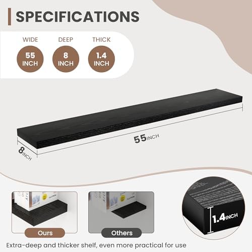 Acovy 55 Inch Floating Shelves, 8 Inch Deep Floating Shelves for Wall, Hanging Shelf with Invisible Brackets, Deep Shelves for Bathroom, Bedroom, Living Room, Black, Set of 1 - Image 2