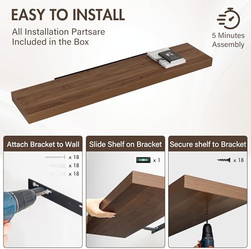 Acovy 55 Inch Floating Shelves, 12" Deep Floating Shelf Wall Mounted, 55" Wall Shelves, Rustic Deep Bookshelf, Extra Deeper & Thicker Display Shelves for Bedroom, Living Room, Walnut, Set of 2 - Image 6