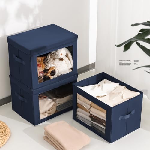 Homsorout Stackable Storage Bins with Lids - Large Decorative Basket with Lids, Fabric Foldable Closet Organizer Bins, Shelf Organizer for Living Room, Dorm, 5 Pack, Navy Blue - Image 4