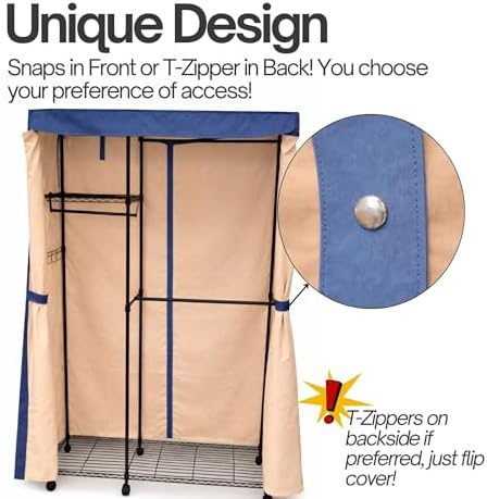 Formosa Covers Portable Garment Rolling Rack Cover - Protect Your Clothes from Dust Keep Your Room Looking Organized (Cover Only) (Beige Khaki with Dusty Blue Trim, 36" W x 16" D x 76" H) - Image 6