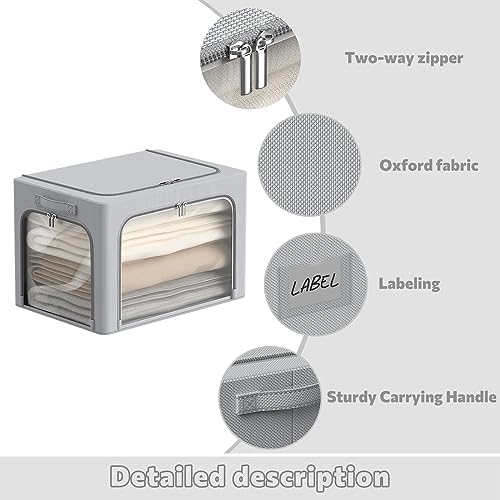 3Pack Clothes Storage Bins - Oxford Frame Storage Box Foldable Stackable Storage Organizer with 3 Openings Design, Metal Frame, Clear Window, Carry Handles (66L-19.7 * 15.7 * 13, Grey) - Image 4