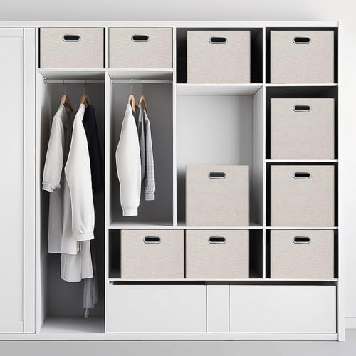 Posprica Closet Storage Bins, 4 Pack Closet Shelf Organizers, Linen Fabric Decorative Storage Baskets for Organizing, Foldable Storage Box for Clothes, 15x10.5x8.25 Inch (Beige) - Image 5